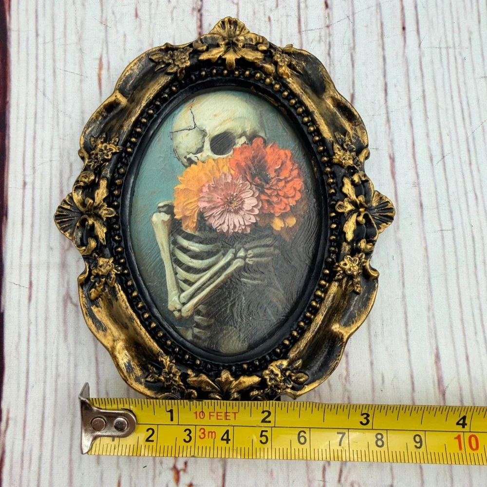 Gothic Skeleton Floral Art Print Decoupage Ornate Gold Resin Oval Frame 4